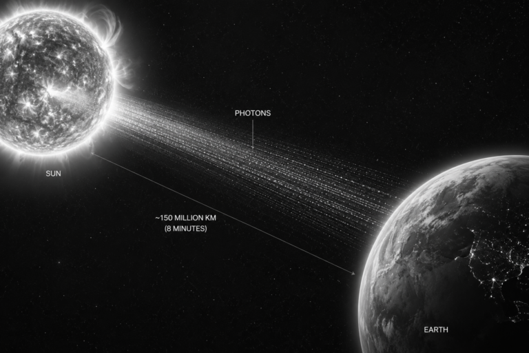 Photons traveling to earth and producing solar PV energy from the sun